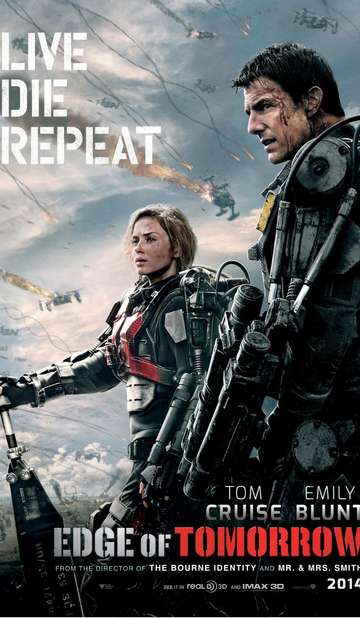 Edge of Tomorrow movie poster featuring Tom Cruise and Emily Blunt as William Cage and Rita Vrataski