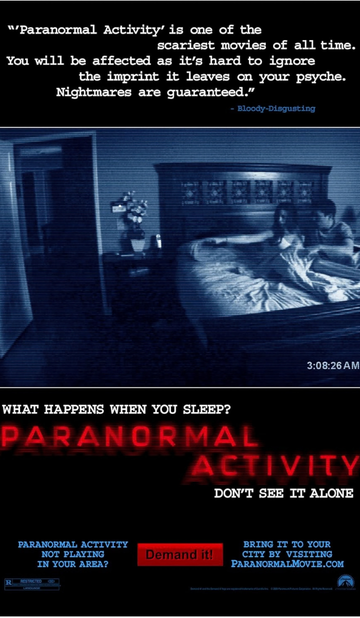 Paranormal Activity (2009) theatrical poster featuring Katie and Micah asleep in bed, with a shadowy figure near the doorway.