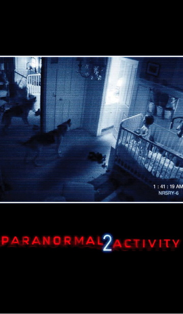 Paranormal Activity 2 movie review poster showing a security camera view of a baby in a cot with a dog nearby.