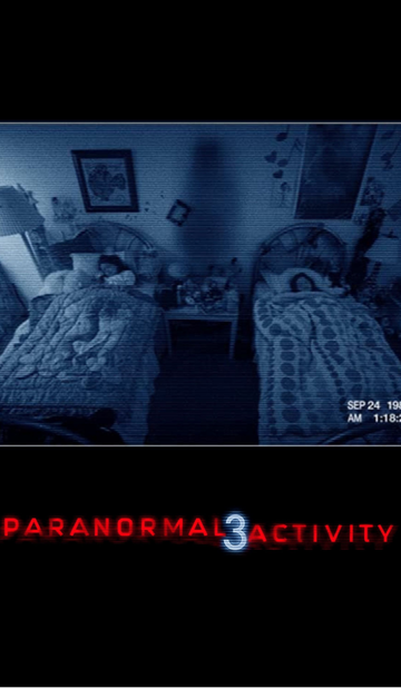 Paranormal Activity 3 movie review poster showing young Katie and Kristi asleep in their bedroom, captured by a blue tinted security camera.