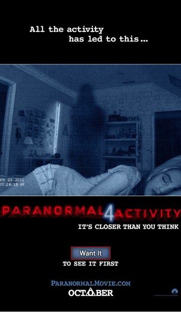 Paranormal Activity 4 movie poster showing a shadowy figure standing beside a bed in blue tinted surveillance footage.