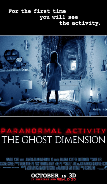 Paranormal Activity: The Ghost Dimension movie poster showing a young girl facing a supernatural portal in her bedroom.