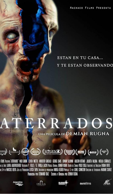 Terrified (Aterrados) movie poster featuring a grotesque, partially disfigured face against a dark background.